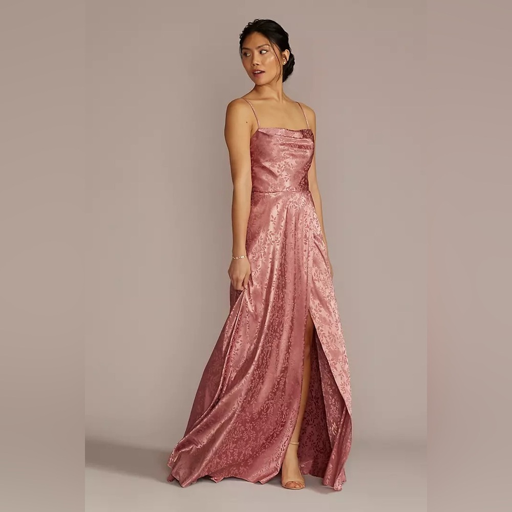 David’s Bridal Jacquard Cowl Neck Dress - Desert Coral